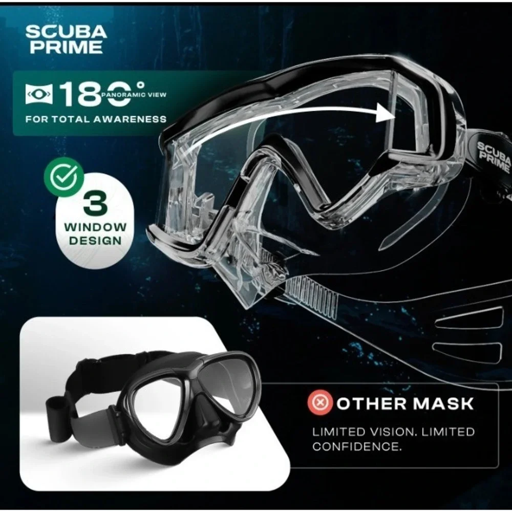 Scuba Prime Panoramic Dive Mask 180° Tempered Glass 3-Window Snorkeling Scuba...